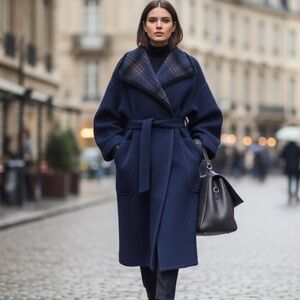 VERSIONE Vintage Wool Mohair Midi Wrap Coat Belted Oversized Plaid Italian 7